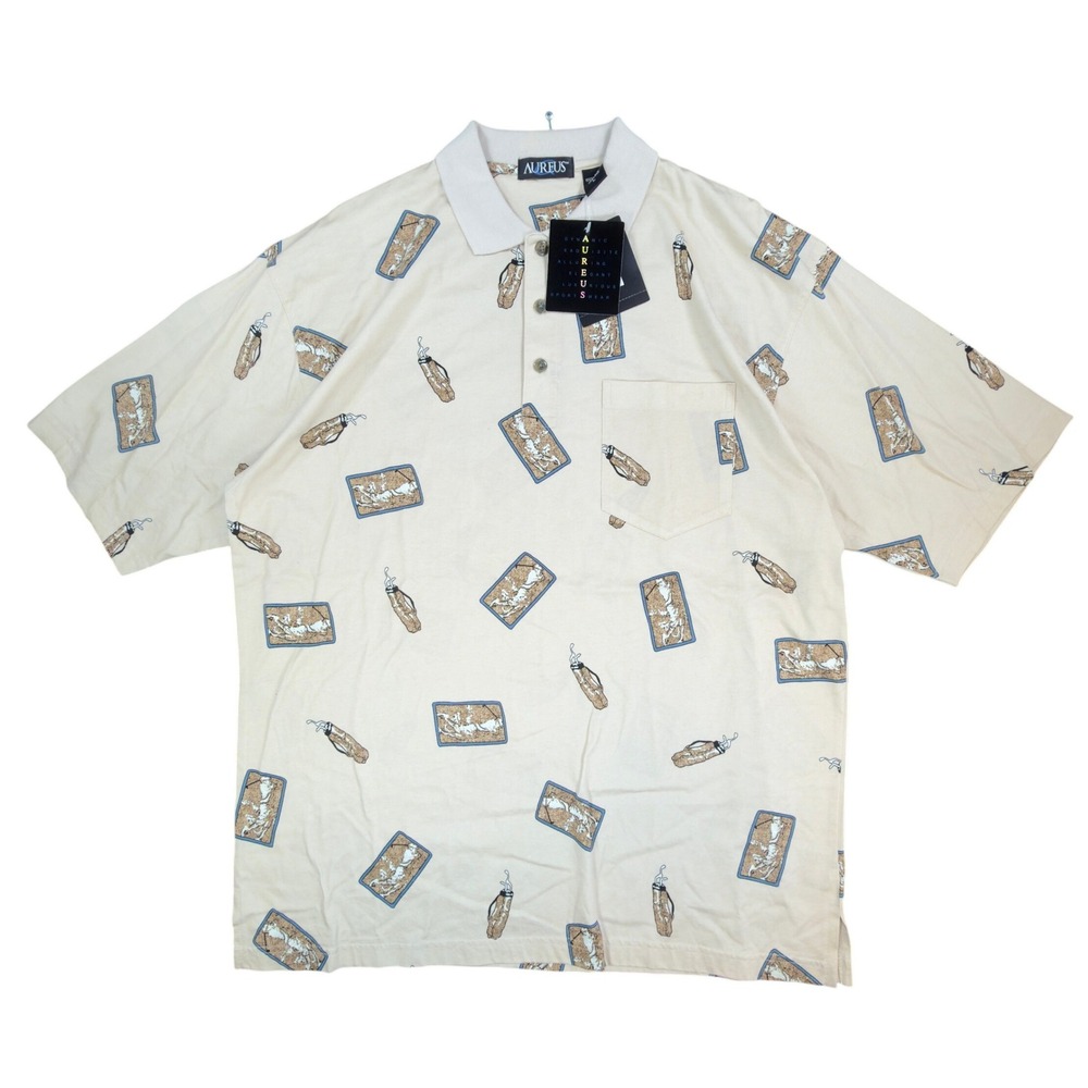 Aureus Polo Shirt Mens Large Vintage 90s Beige Mercerized Cotton Golf Print New